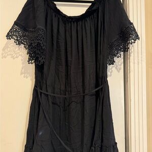 City Chic Black Off The Shoulder Dress with Lace Sleeves
